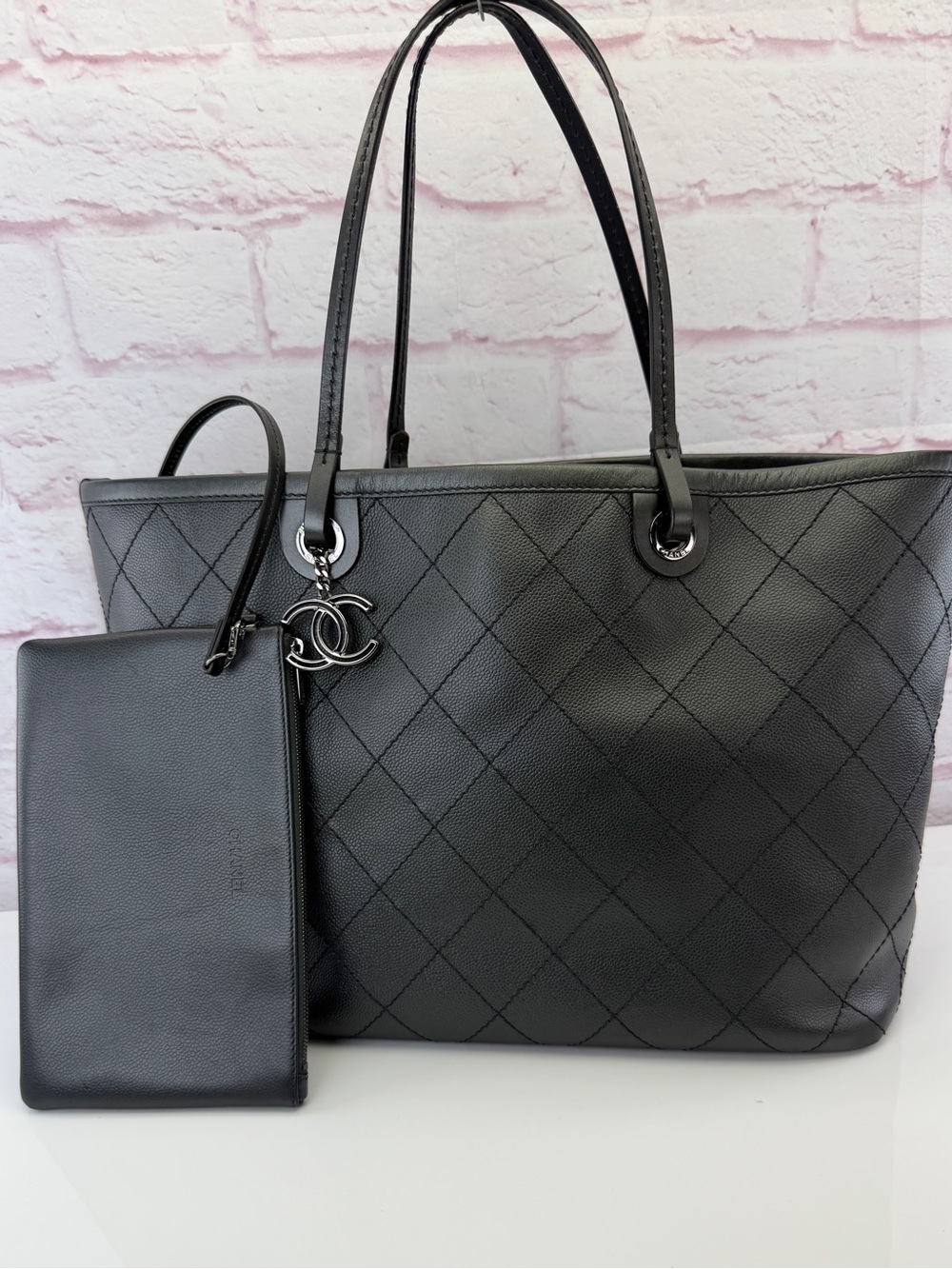 Chanel Black Grained Calfskin Large Shopping Fever Tote with Pouch